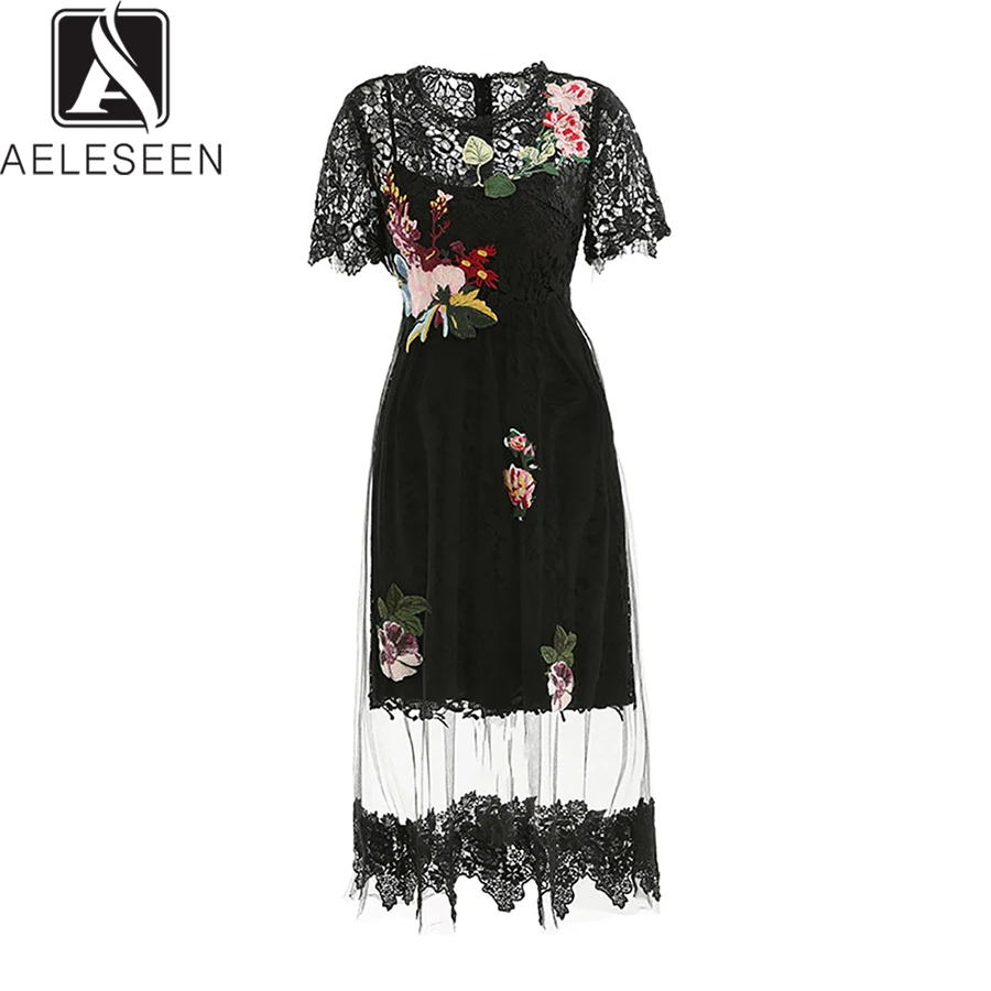 AELESEEN Роскошные модные кружево платье белый/черный для женщин Лето 2019 г. по колено