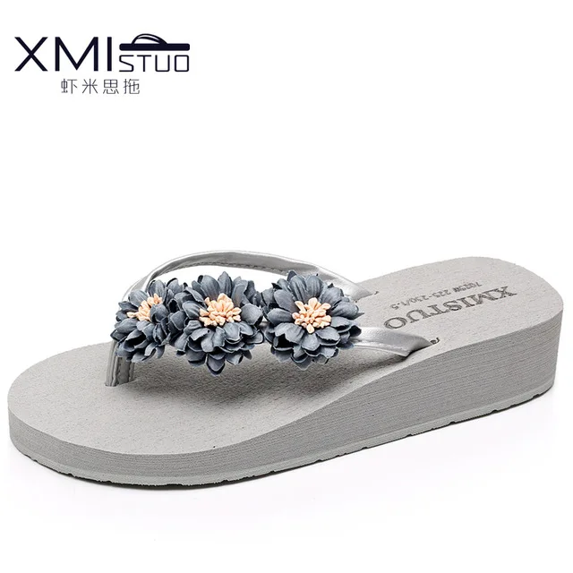 gray 3.5cm Chanclas de mujer/шлепанцы на платформе с цветами; женская летняя пляжная обувь; женские шлепанцы на танкетке и высоком каблуке; женские вьетнамки - Цвет: gray 3.5cm