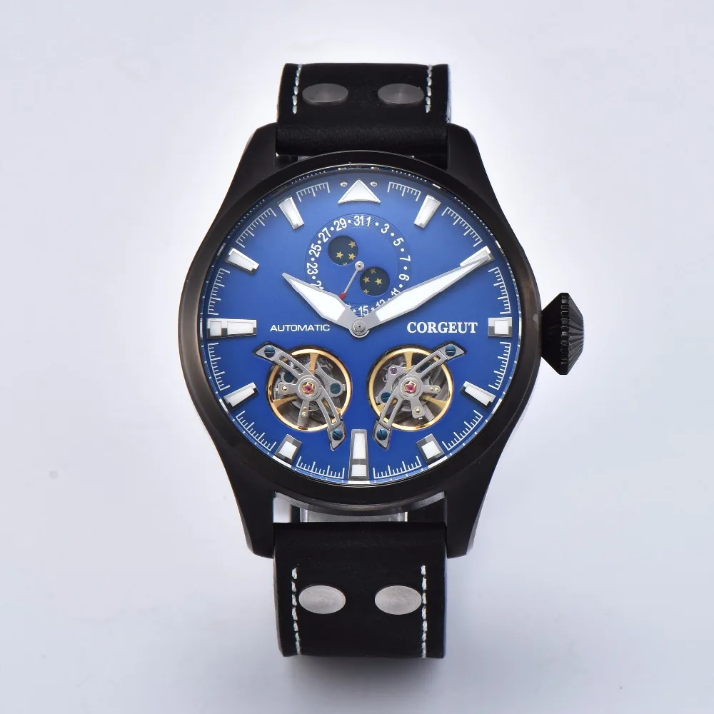 Corgeut 47 мм Чехол Мужские часы Скелет автоматические часы PVD запас хода Tourbillon Мужские механические часы мужские часы подарок