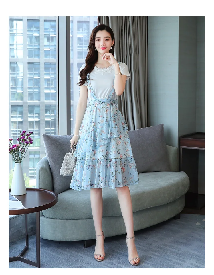 Femal Vintage Elegant Blue Chiffon Boho Midi Dresses Summer Plus Size Fake Two Piece Sundress Women Bodycon Party Vestidos