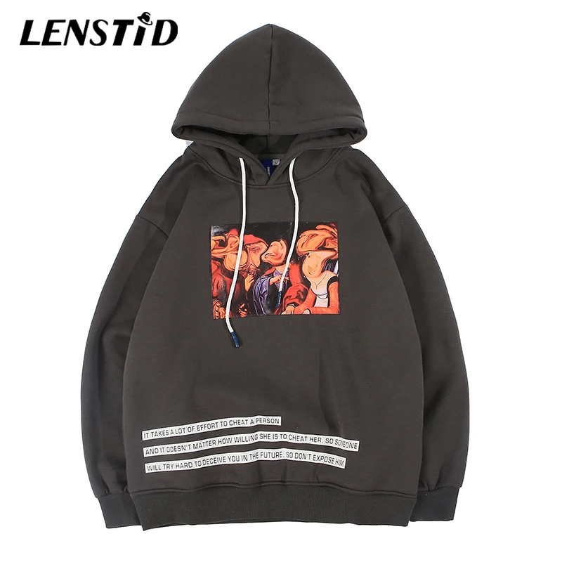 LENSTID 2019 Winter New Hip Hop Streetwear Orange Men Sweatshirt Twisted Painting Harajuku Loose Cotton Fleece Pullover Hoodie | Мужская