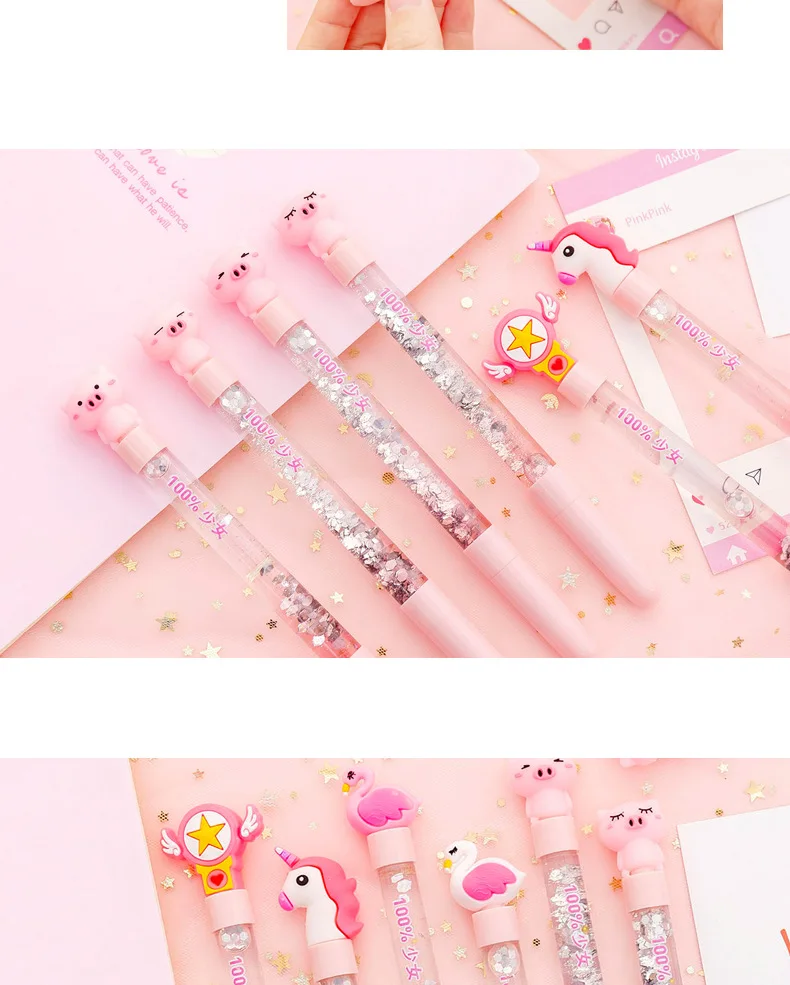 1 шт., милая розовая гелевая ручка Kawaii с жидким блеском для воды, для детей, подарок, школьные, офисные принадлежности, канцелярские принадлежности, Мультяшные животные, черные чернила, 0,5 мм