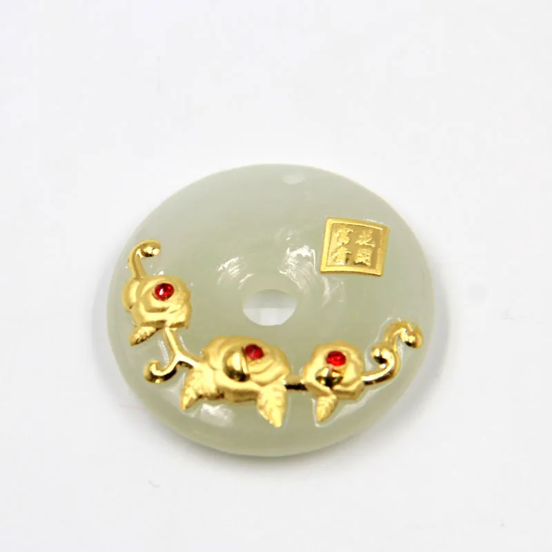 

New Arrival Pure 24K Yellow Gold Natural Jadeite Flower Round Circle Pendant