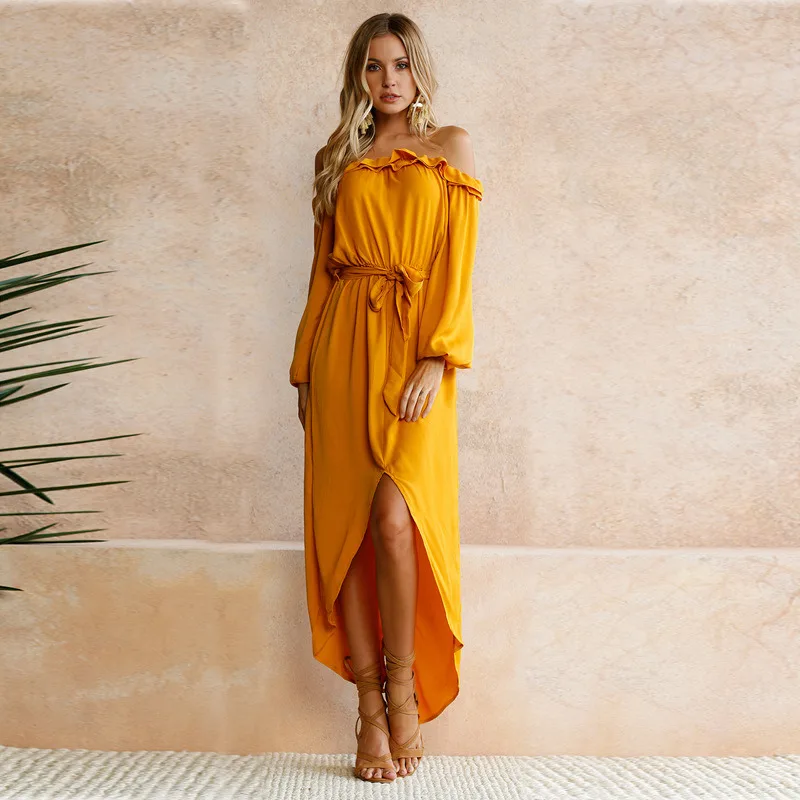 Women Yellow Summer Tunica Dress Front Split Maxi Vestido Longo Off Shoulder Vintage Elegant Long | Женская одежда