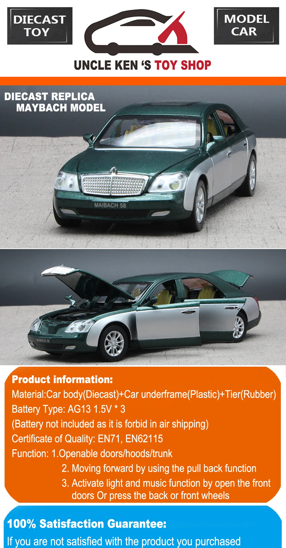Maybach литой автомобиль, Реплика масштабная модель, 18 см игрушки для детей/мальчик с подарочной коробкой/с открывающимися дверцами/музыка/светильник/функция оттягивания