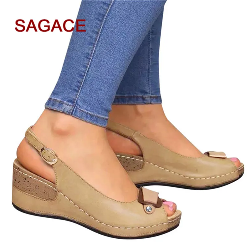 Женские босоножки на танкетке Повседневные Удобные туфли с открытым носком