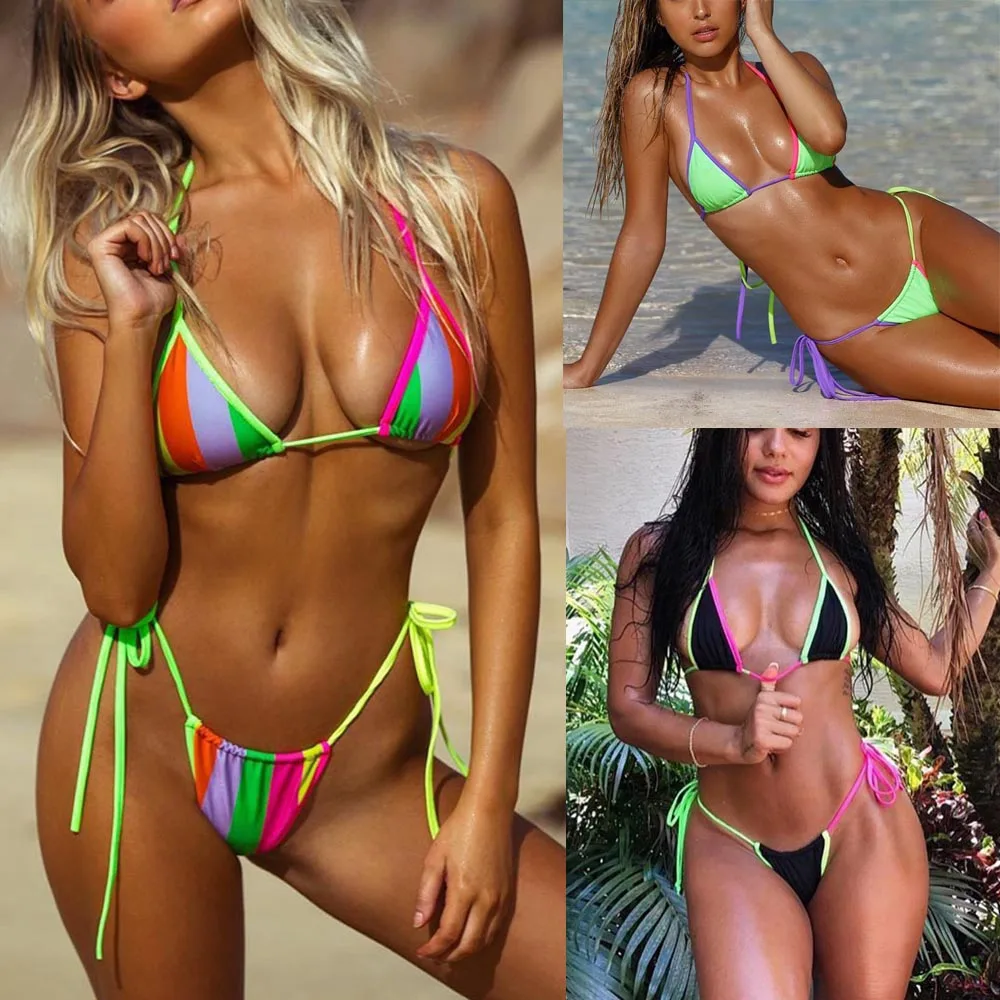 Женский купальник бикини ARXIPA неоновый зеленый с завязками на шее мини