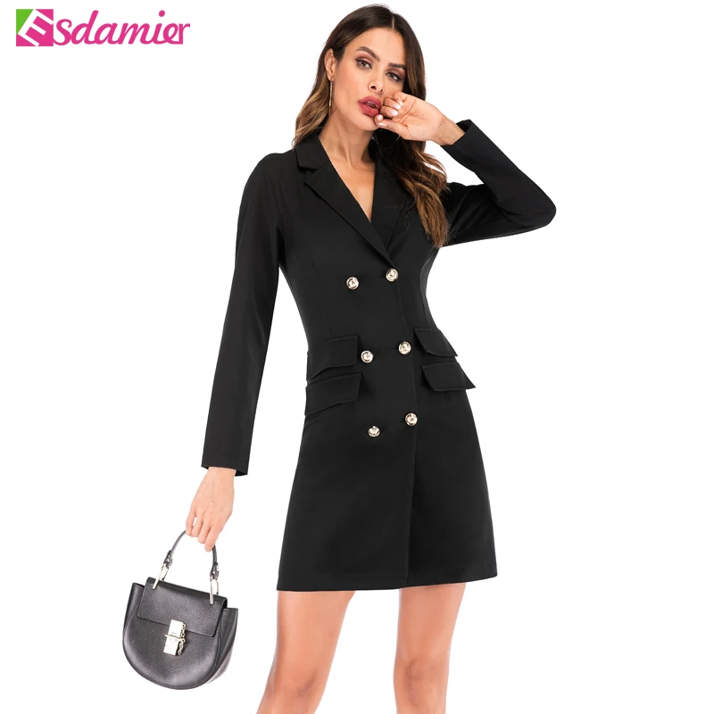 Женский мини костюм ESDAMIER черный двубортный блейзер с карманами офисный деловой