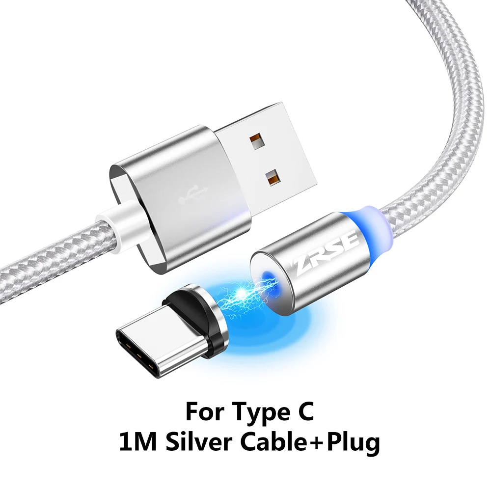 Silver for Type C ZRSE Магнитный Micro USB кабель для iPhone XS Max XR X 8 7 Plus type C кабели 3 в 1 светодиодный USB-C мобильный провод для зарядного устройства для Redmi - Цвет: Silver for Type C