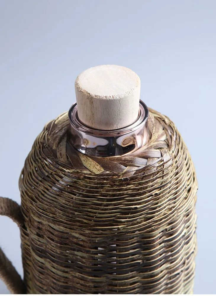 Handmade Bamboo Weaving Thermos Pot Bottle For Water With Cork Lid Cover And Handgrip Vacuum Flask Keep Warm Glass Inner Large