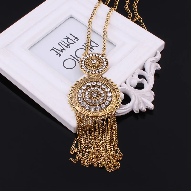 Btuamb Новый Boho цепи кисточкой ожерелья подвески панк Винтаж Кристалл Длинный