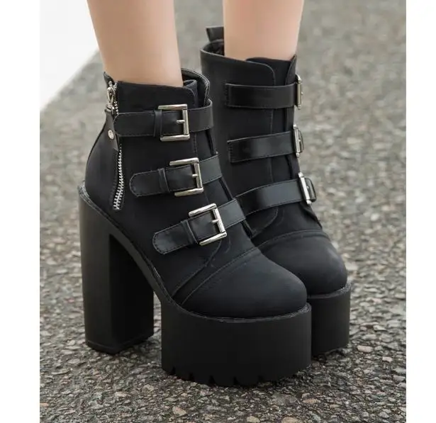 Три Пряжки Ремня Панк Ботильоны На Платформе Женщины Чаки Каблуки высокие