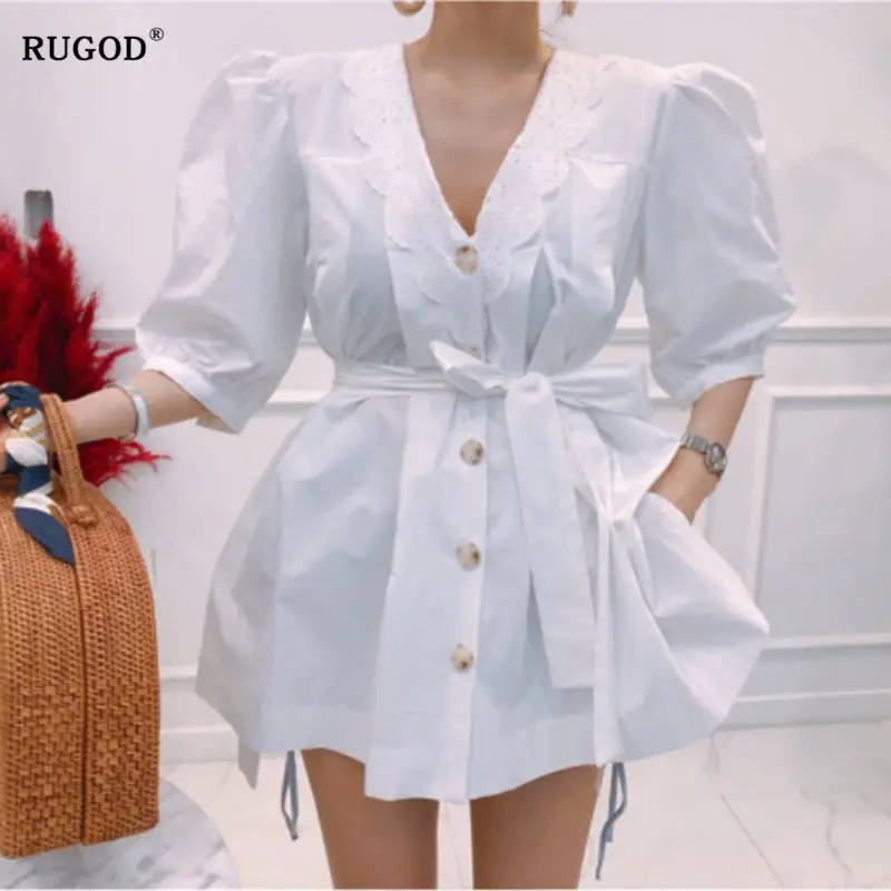RUGOD 2019 Новая мода с пышными рукавами женские топы и блузки однобортный v образный