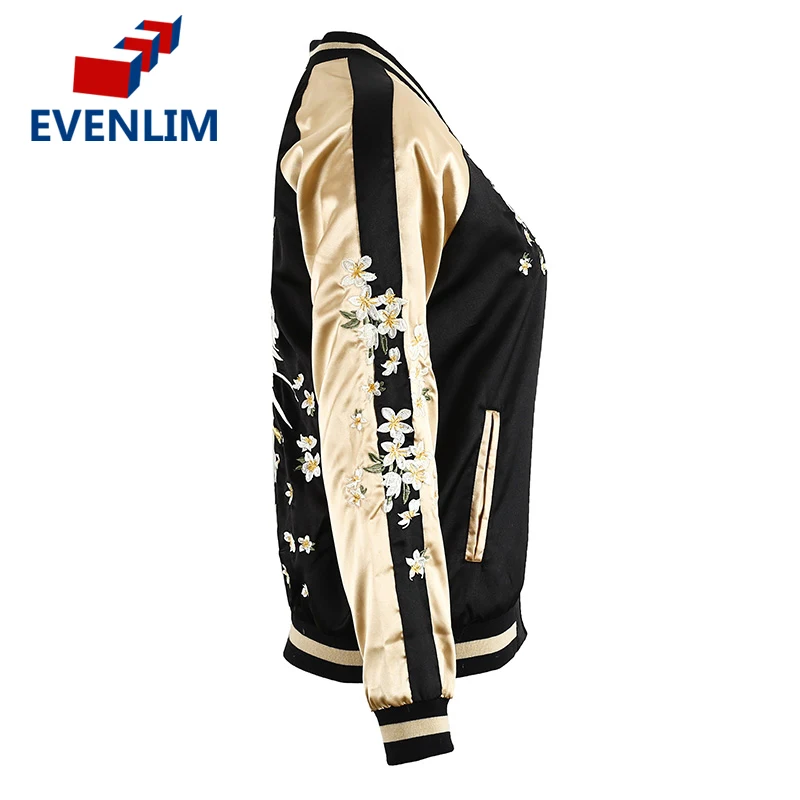Evenlim цветочный Вышивка атласная куртка Леди Пальто осень зима 2017 Черная курточка