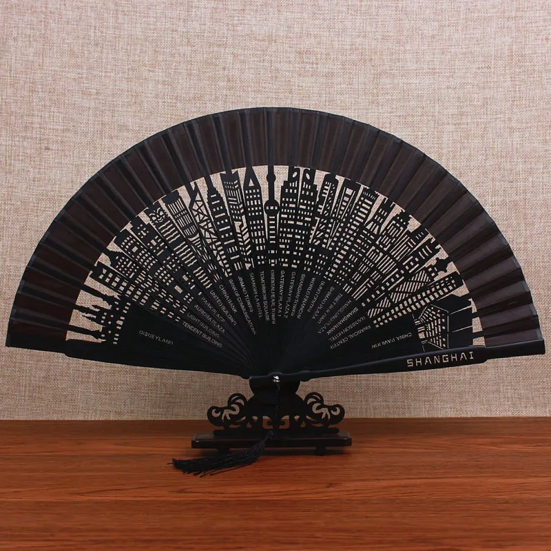 

ONEICE Chinese Style Shanghai City Hand Fan Antiquity Folding Hollow Zhushan Handcrafted Gift Woman Folding