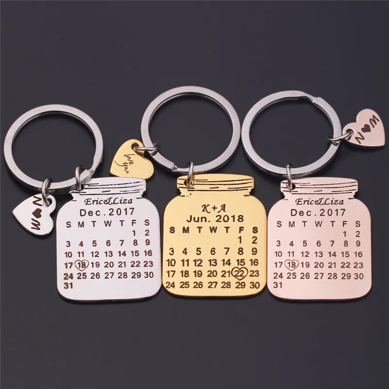 Personalized Custom Jewelry Name Date Calendar Key Chain Engrave Special Date Birthday Key Ring Wedding Anniversary Gift