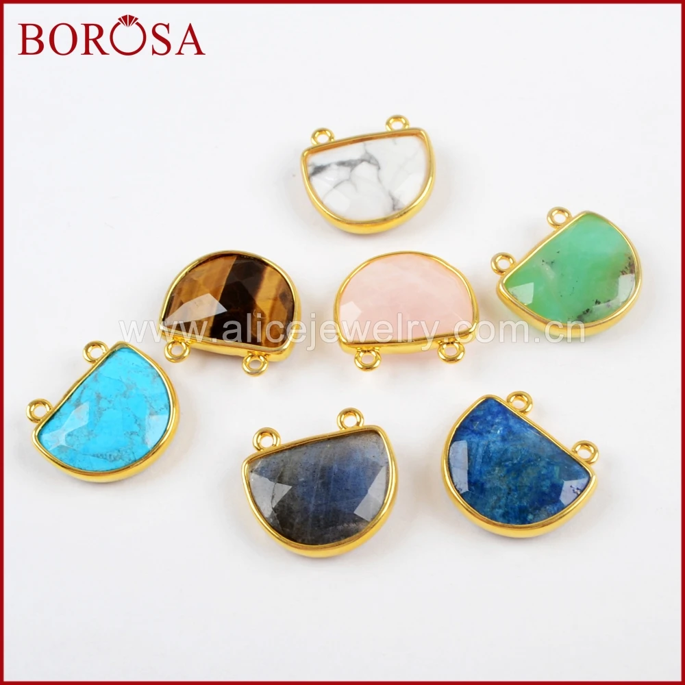 

BOROSA 10PCS Gold Color Half Moon Faceted Multi-kind Stones Connector Gems Australian Stone Howlite Necklaces Pendants WX961