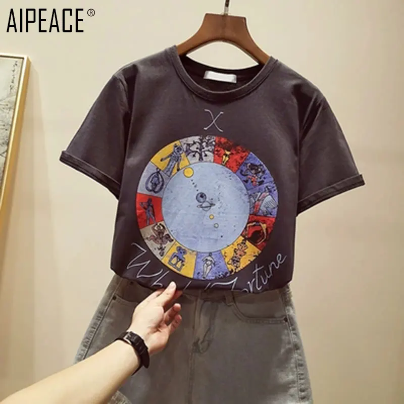 AIPEACE/Летняя модная женская футболка из чистого хлопка с круглым вырезом и принтом