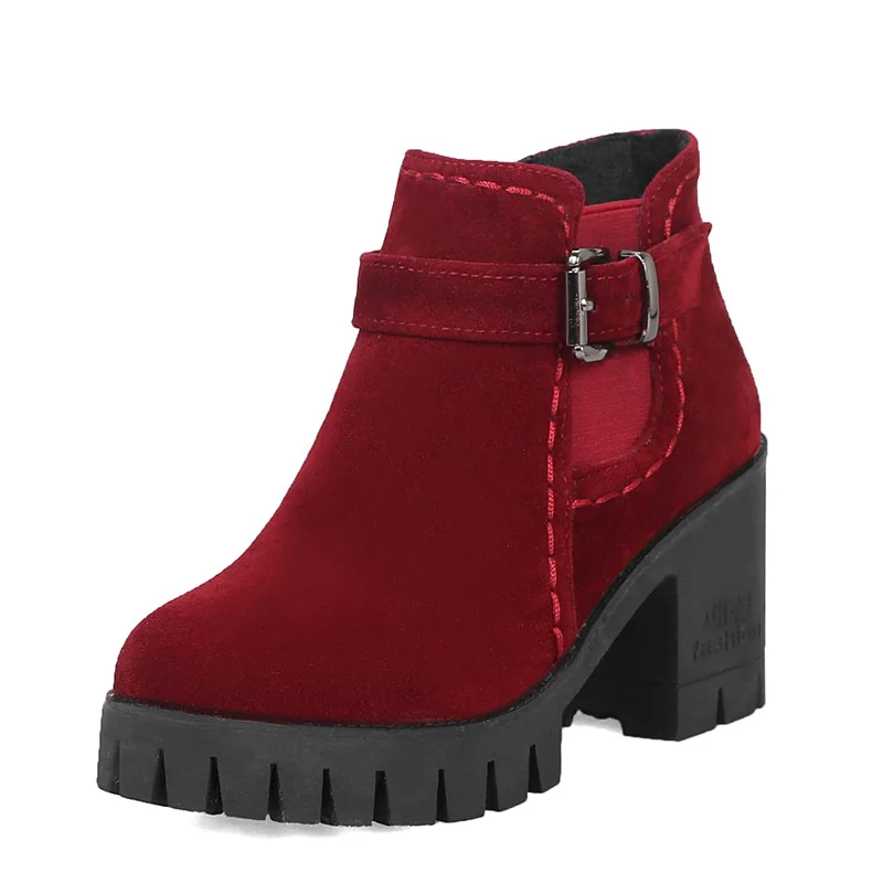 red short plush JK/зимние ботинки из флока; женская обувь с круглым носком; женские ботинки на платформе; повседневная обувь на высоком каблуке для девочек; женские ботильоны - Цвет: red short plush