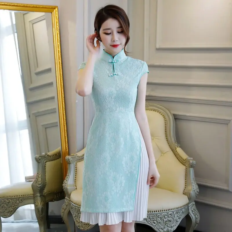 Light Blue 1850 Короткое Стильное женское платье, s m ini Cheongsam, летнее китайское кружевное тонкое платье Qipao, Новое поступление, Vestidos, Размеры s m L XL XXL XXXL 27509A - Цвет: Light Blue 1850