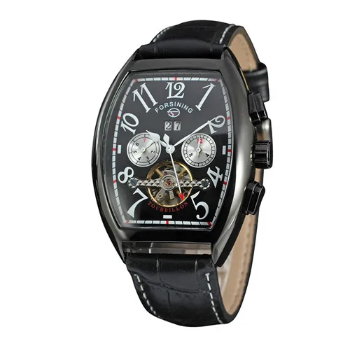 Black FORSINING Авто Мужские наручные часы Ретро Винтаж Tonneau чехол из розового золота Relogio Tourbillon Мужские часы Дата День механические часы - Цвет: Black