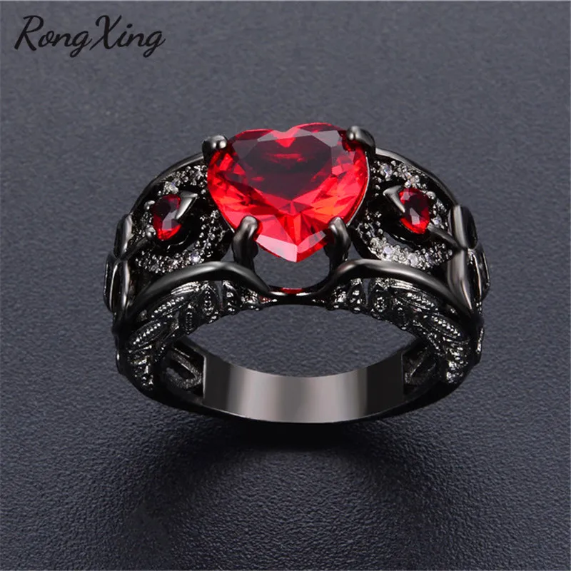 Rongxing старинный камень июня кольцо с красным сердцем для женщин Черное золото