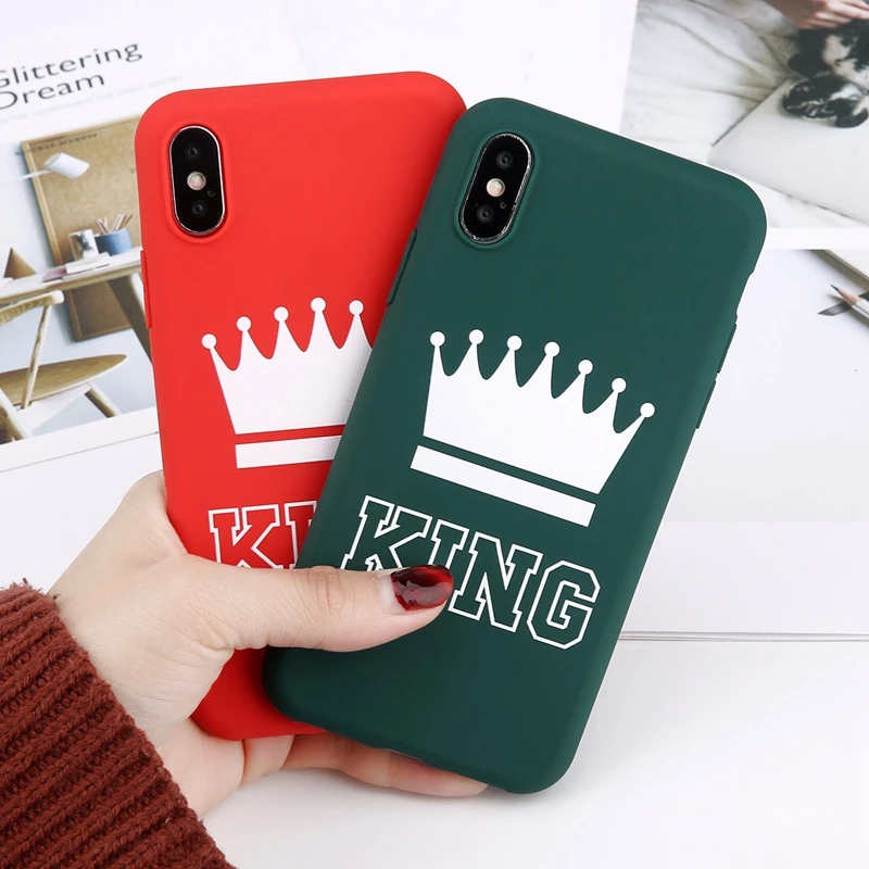 Матовый чехол для телефона с короной для iPhone 11 Pro Max XS Max X XR King queen чехол s 7 6 6s 8 Plus сплошной карамельный цвет Мягкий ТПУ полный Чехол