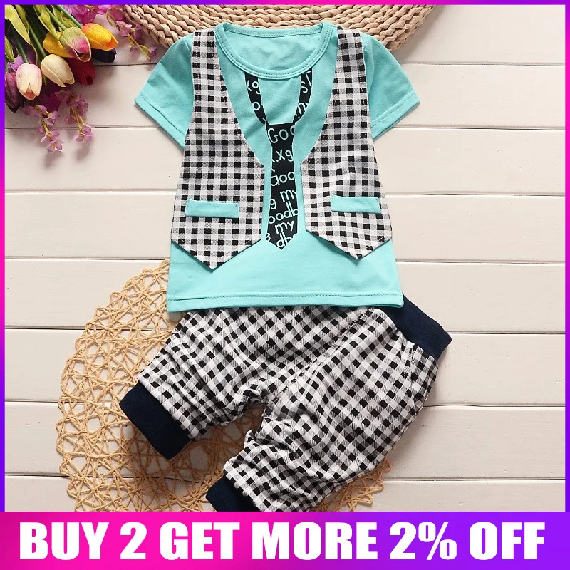 Летние комплекты одежды для маленьких мальчиков модная клетчатая футболка с