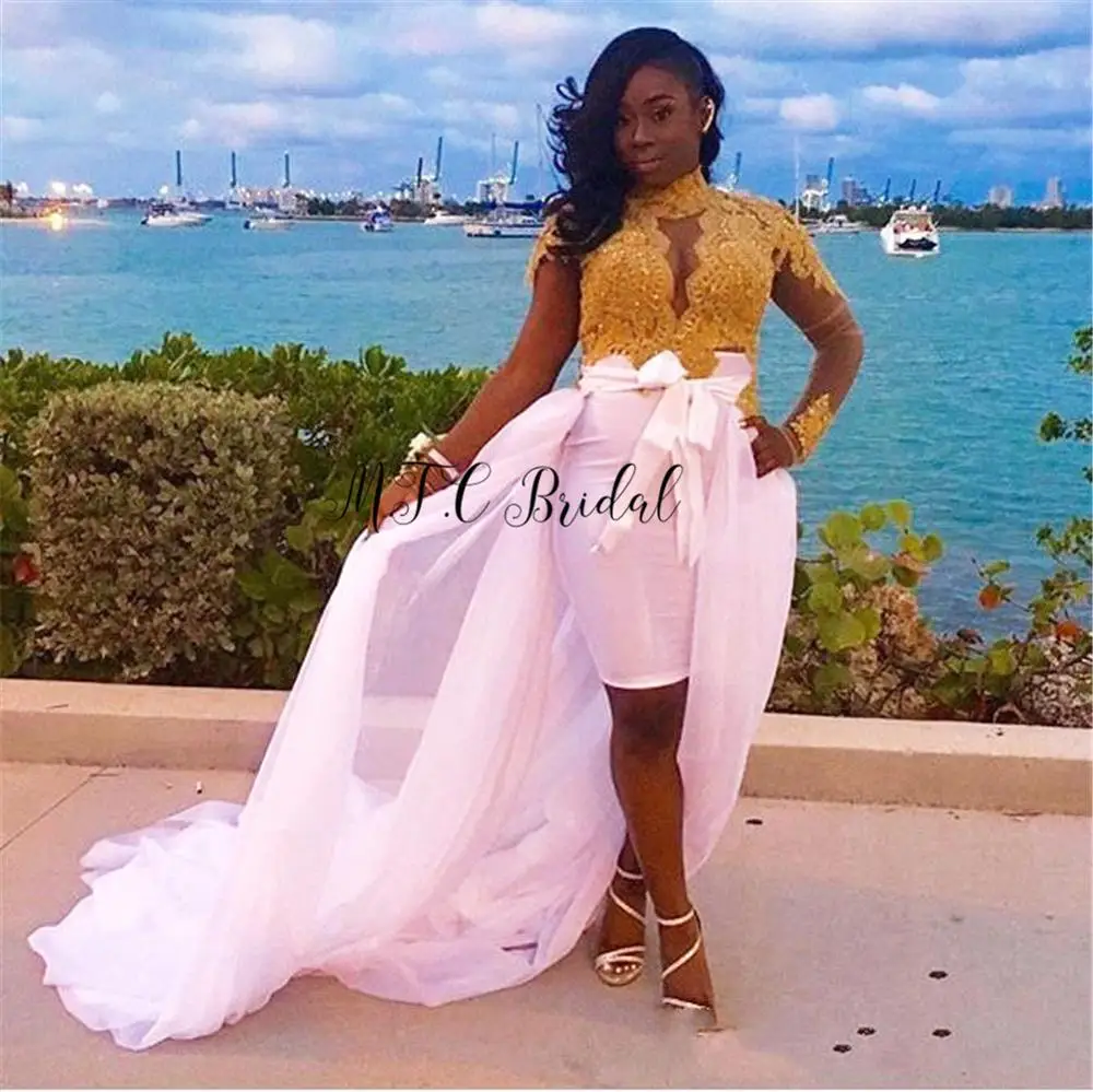 

Pink Short African Prom Dresses Gold Lace Long Sleeve With Detachable Train Gorgeous Evening Party Gowns 2019 Robe De Soiree