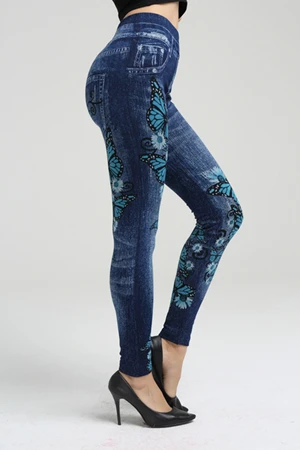 Blue butterfly S-XL, высокие эластичные женские леггинсы, имитация черных котов, джинсы с узором, модные тонкие бесшовные штаны, брюки, Джинсовые леггинсы - Цвет: Blue butterfly