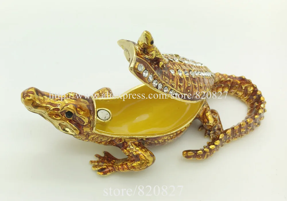 BEJEWELED RHINESTONE CRYSTAL ENAMEL TRINKET BOX - ALLIGATOR/CROCODILE STATUE