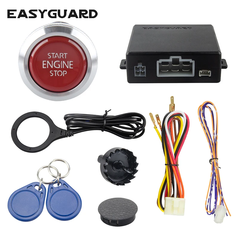 good quality EASYGUARD RFID car alarm keyless go system with transponder power off memory push button start stop EC008-P4 DC 12V