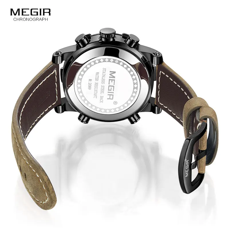 

Megir Men's Digital Chronograph Quartz Watches Sports Double Time Zone Leather Strap Luminous Hands Wrist Watch Man ML2089 B