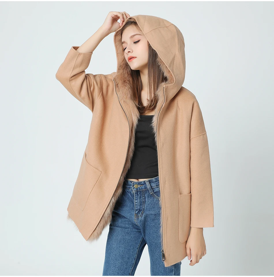 OFTBUY Новая модная зимняя куртка, пальто для женщин, натуральный Лисий мех, на подкладке, с капюшоном, свободная шерстяная куртка, верхняя одежда, парка