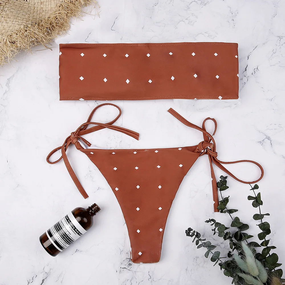 

Self-Tie Dotted Bikini Women'S Swimsuits Low Waisted Padded Biquni Bandeau Bikini Set Sexy Strapless Front Knot Swimwear