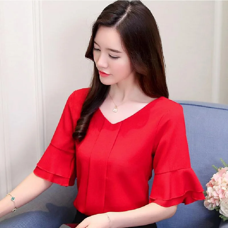 2018 Женские топы и блузки летняя шифоновая блузка с расклешенными рукавами