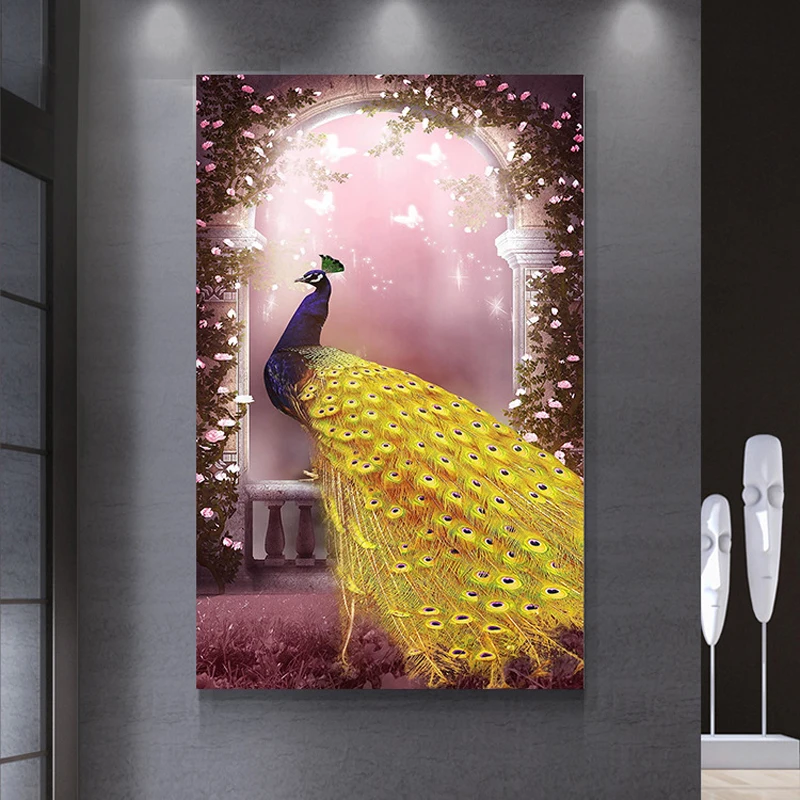 QIANZEHUI DIY Diamond Embroidery Round Golden peacock animal Full rhinestone 5D painting cross stitch needlework | Дом и сад