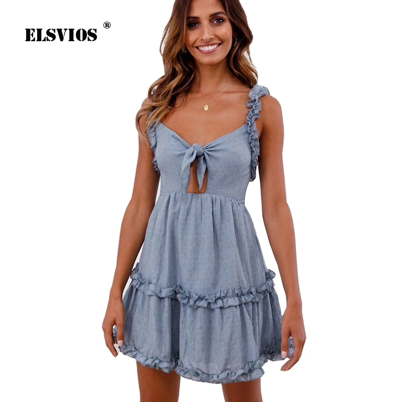 ELSVIOS летнее ажурное кружевное платье с бантом сексуальное пляжное на бретельках v