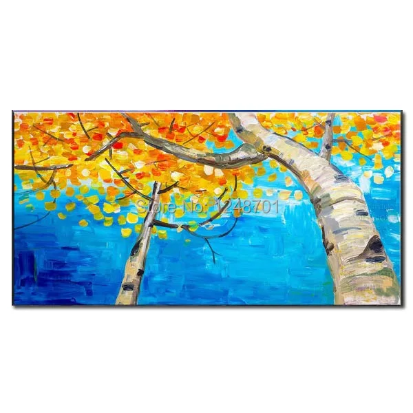 

100% Handmade Yellow trees scenery oil painting Autumn sky painting on canvas