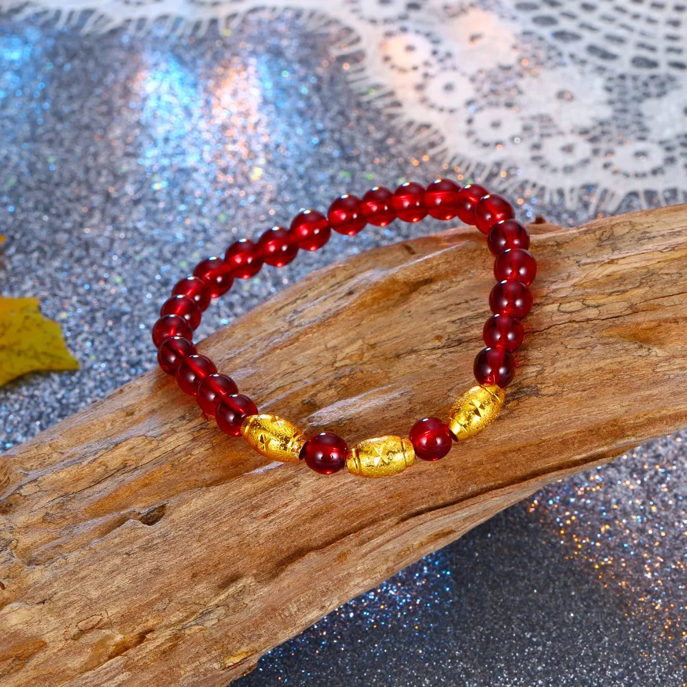 Dayoff 1PC Red Beads wind Bracelet Gold Bangle Women Beaded Fashion Jewelry Strand Ajustable Handmade Braided Rope B116 | Украшения и