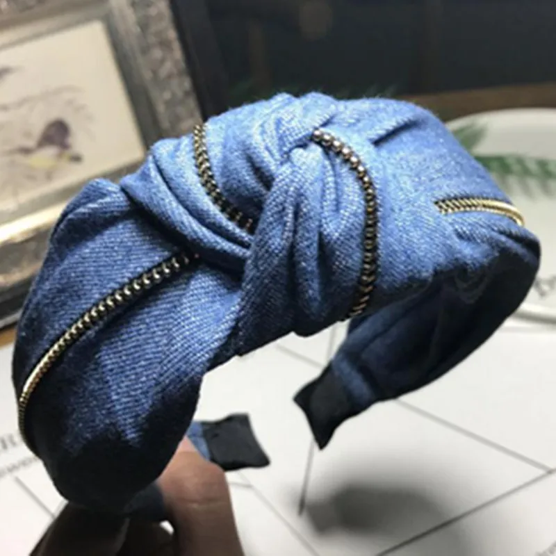 Повязка на голову женская из денима однотонный широкий ободок молнии с узлом для