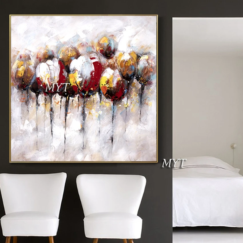 Flores abstractas pintadas a mano, pintura al &oacute;leo abstracta sobre lienzo, arte de pared, imagen colgante para sala de estar, decoraci&oacute;n del hogar sin marco-2