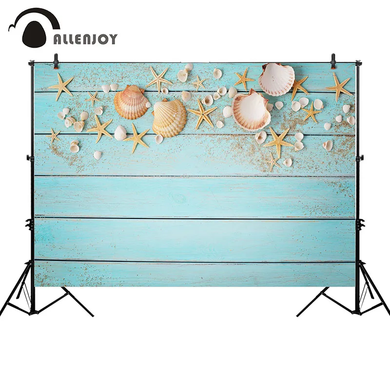

Allenjoy photography backdrops Summer blue wooden board sand starfish shell decor background photo studio photophone photocall