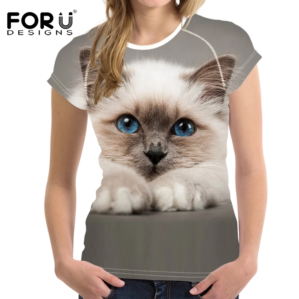 FORUDESIGNS/женская футболка для фитнеса спорта женщин с милым принтом кота коротким