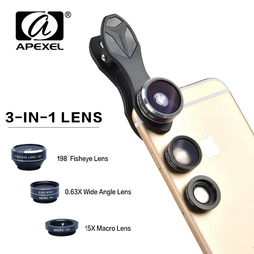 APEXEL 3in1 Клип сотовый смартфон Камера объектив Комплект 198 градусов рыбий глаз + 0.63X