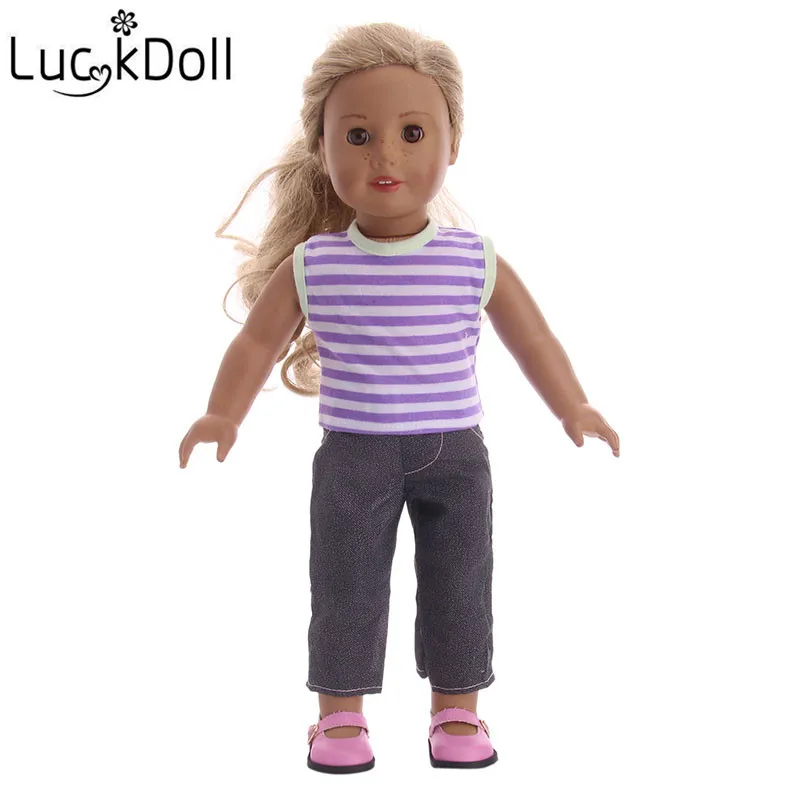 LUCKDOLL Горячая Кукла одежда футболка + джинсы ремень подходит 18-дюймовые куклы
