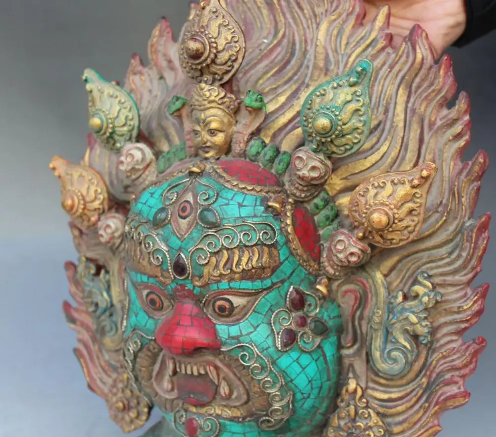 Китайский тибетский буддизм дерево бирюза и Коралл маска для головы статуя