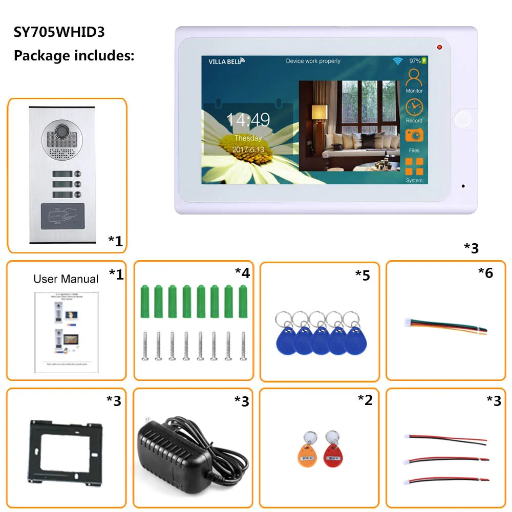 Wired Video Intercom Systems 3 apartments 7 inch Wifi Door Phone System RFID IR-CUT HD 1000TVL Doorbell Camera | Безопасность и