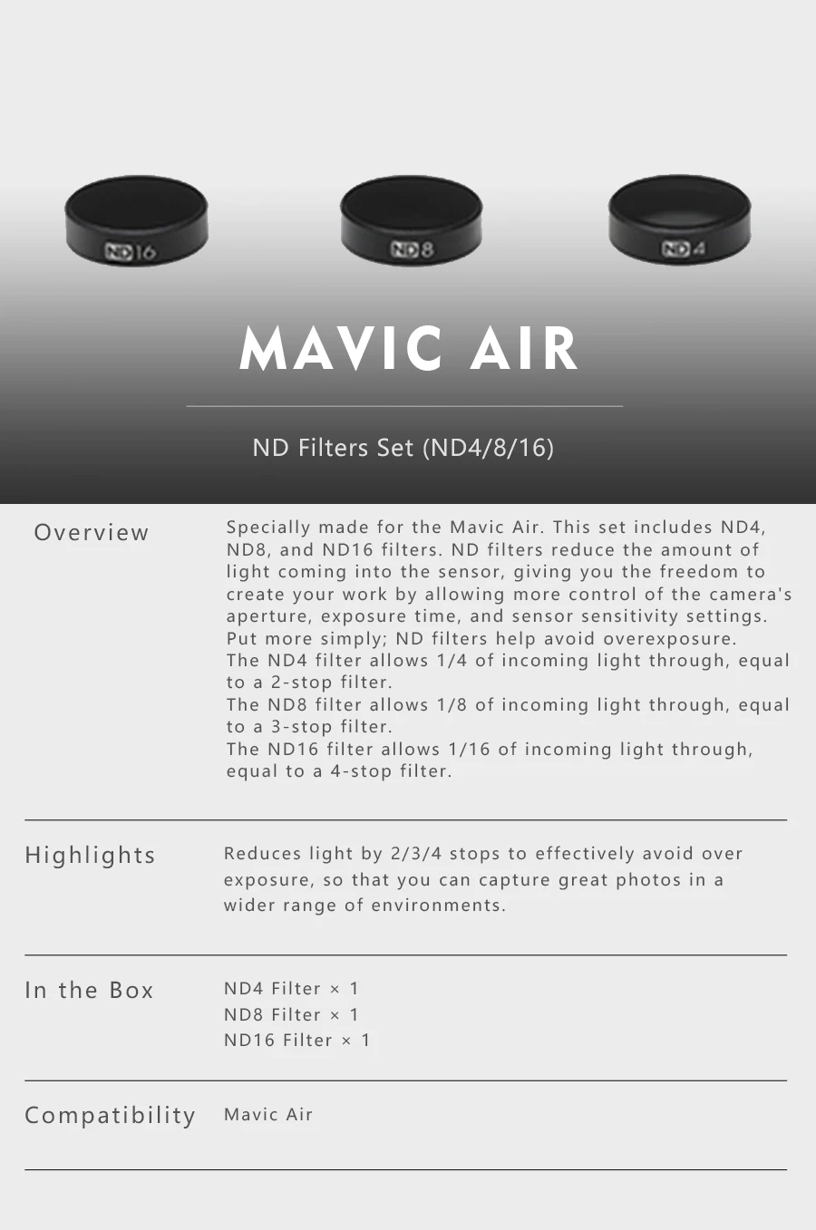DJI Mavic Pro drone фильтр ND для камеры для Mavic Pro/Mavic Air, набор фильтров с ND4/8/16/, ND4/8/16/32 аксессуары для дрона