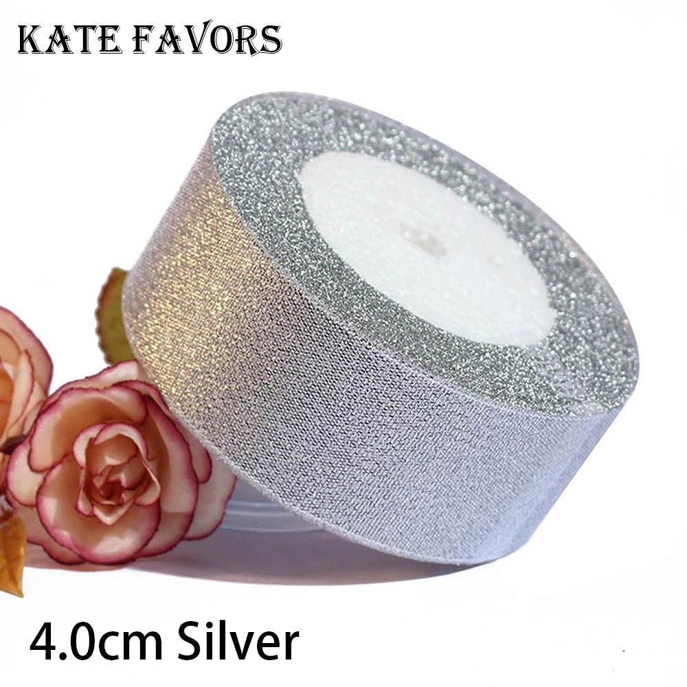 4.0cm Silver 25 ярдов Серебристые золотистые блестящие атласные ленты вечерние украшения для дома и свадьбы Подарочная упаковка Рождество год DIY ремесло материал - Цвет: 4.0cm Silver